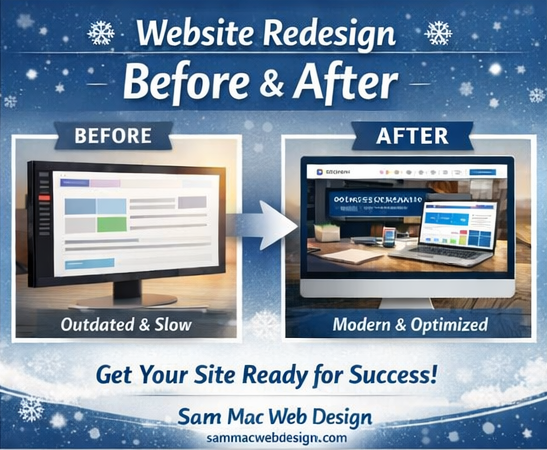 Website Redesign with images of before: a computer with dry lists and grid layout versus after with images, style and trends displayed