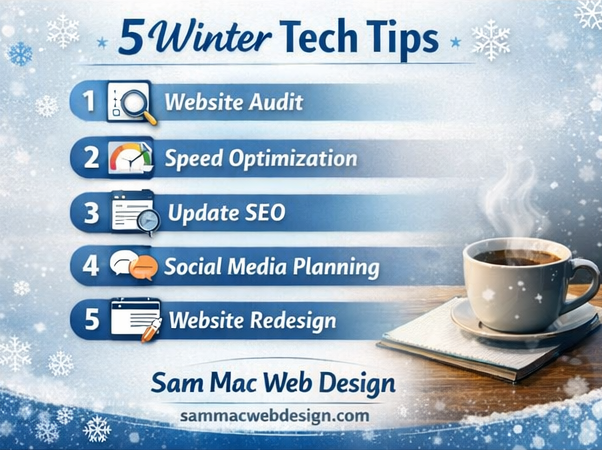 5 Winter Tech Tips listed with winter background