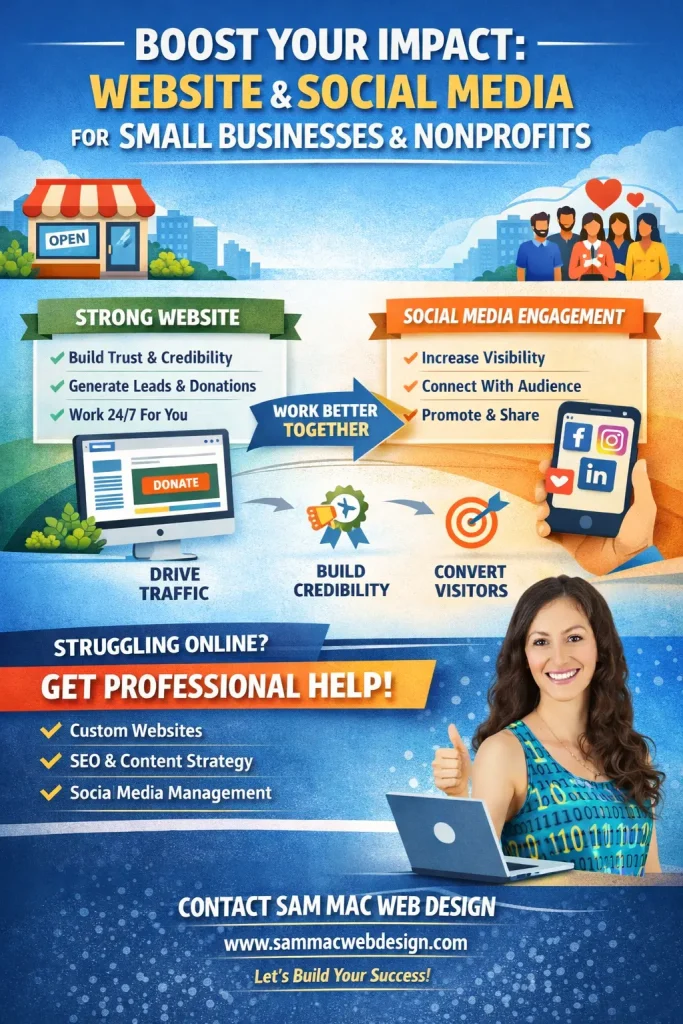 Image of Sam Mac in front of a laptop comparing the impacts of Strong Web and Social Media Design